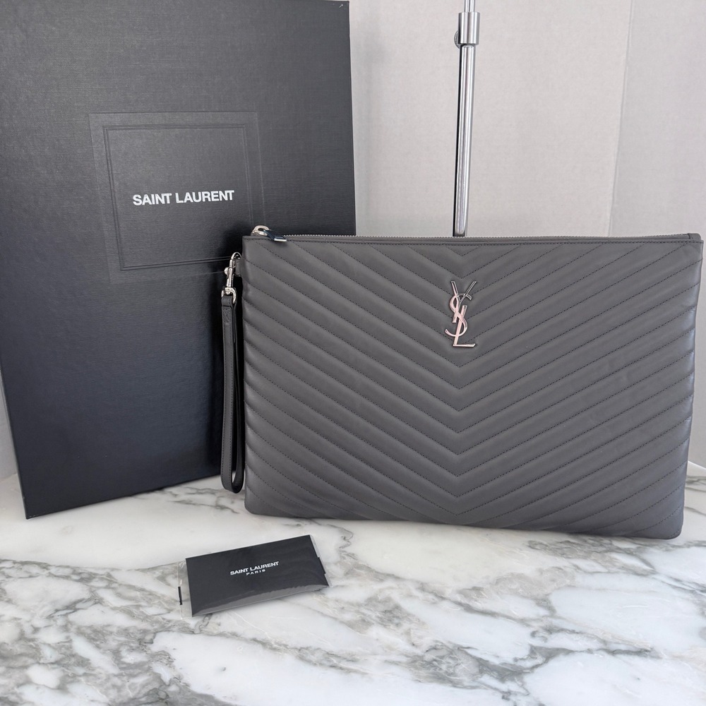 Saint Laurent Monogram Matelasse Grey Leather Pouch Clutch YSL Silver Hardware